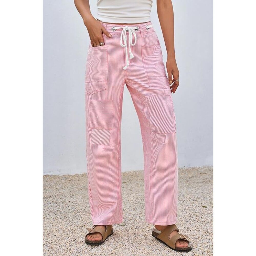 Wide Leg Patchwork Low Rise Striped Pants, Size 10, 22K-197B002